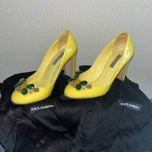 Dolce & Gabbana Yellow Patent Jeweled Pointed Pumps